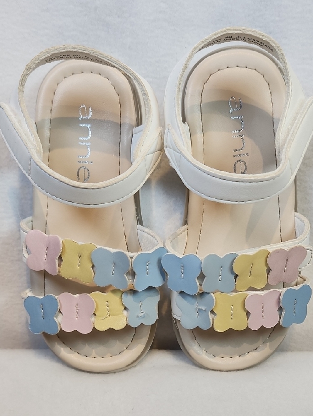 Annie White Girls Sandals with Pastel Pink Blue Yellow Butterfly Trim. Lights Up